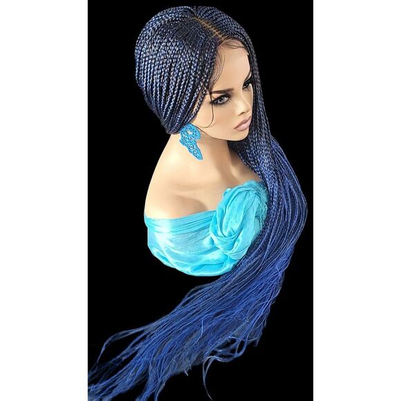 Handmade  Braided Lace Wig, Knotless Box Braids Long  Blue Ombre Wig NWT - Picture 4 of 15
